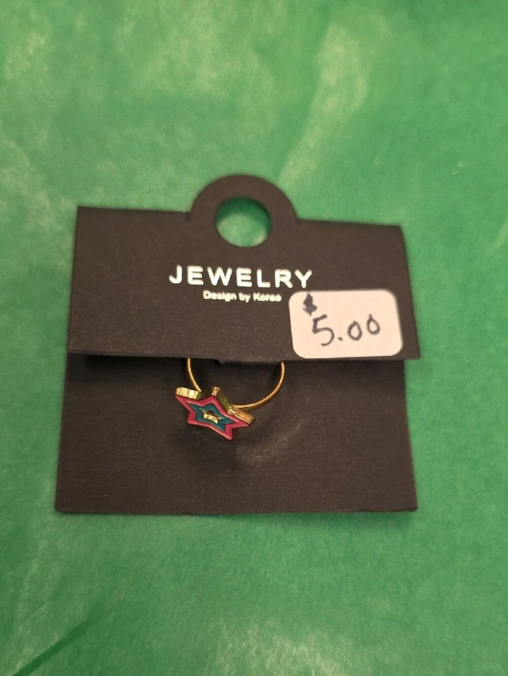 Star-Shaped Enamel Ring in Pink & Teal - Jewelry